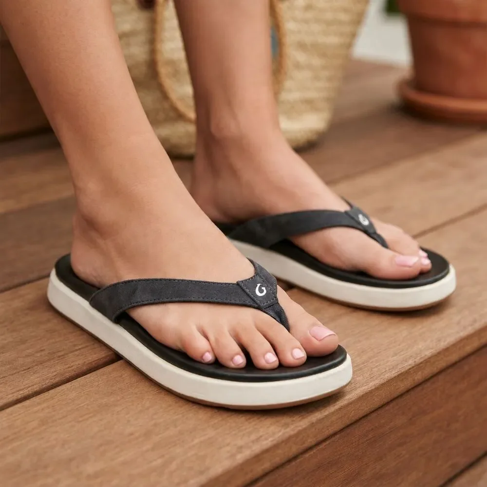 OluKai Nu‘a Pi‘o Sandals Black Womens Size 9 Nua Pio Thong Flip Flops Comfort